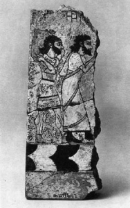 Neo Assyrian, fragment of painted, glazed tile, Nineveh, 8<sup>th</sup> century BC - source National Museum of Iraq, Baghdad